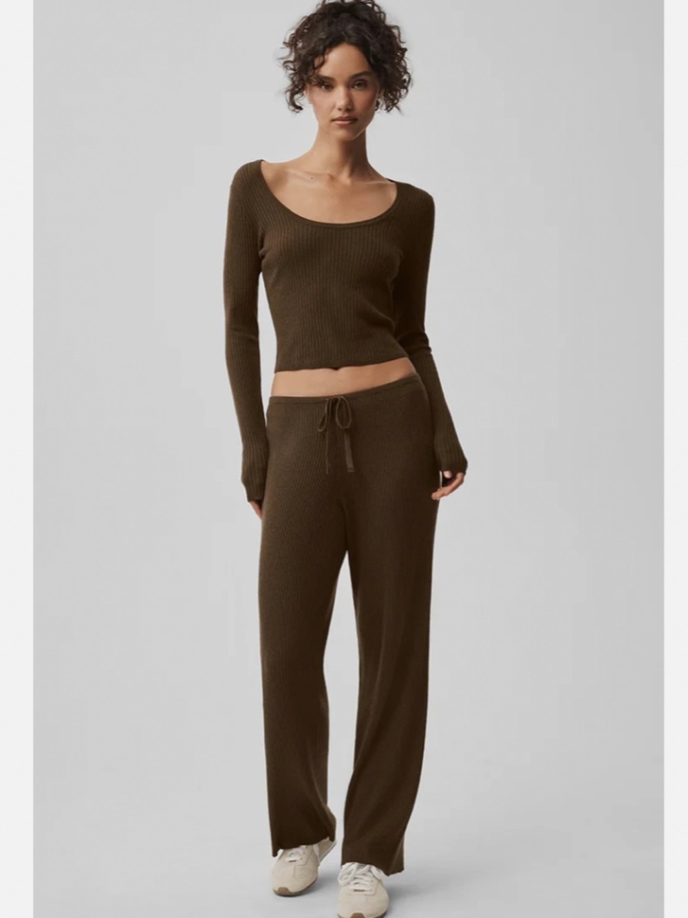 Alo Sweater Knit Mid-Rise Unwind Wide Leg Pant Espresso Size XS NWOT